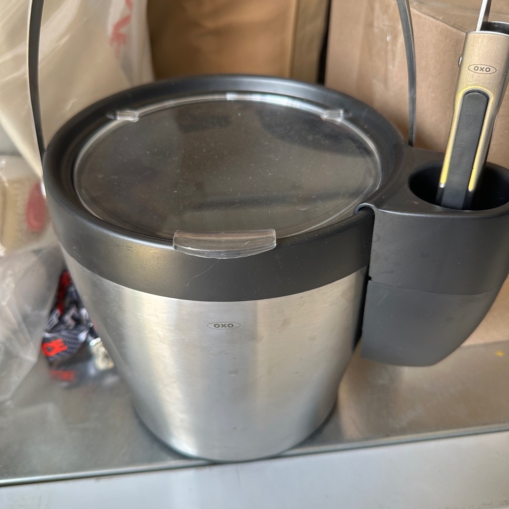 Oxo Silver Ice Bucket with Black Handle and Tongs